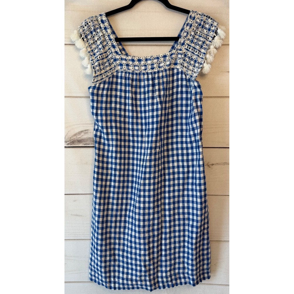 J. McLaughlin Blue White Gingham Linen Dress Crochet Tassel Trim Small